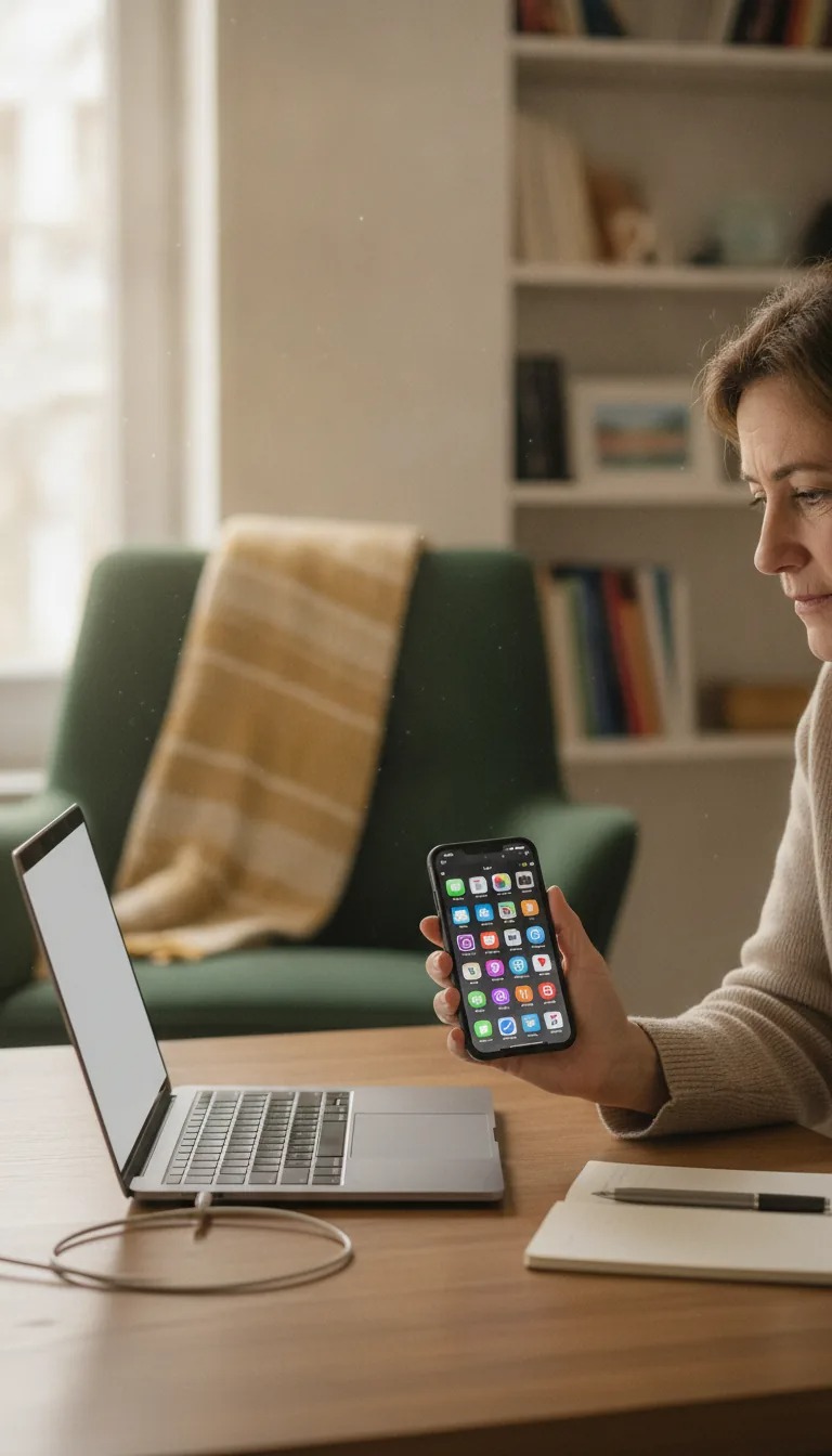 Une personne consulte pensivement un smartphone rempli d'applications à côté d'un ordinateur portable, ambiance chaleureuse.