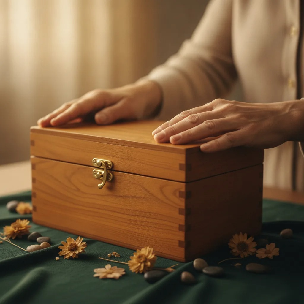 Gros plan sur des mains fermant délicatement une boîte en bois chaleureuse, symbole de sécurité et de soin.